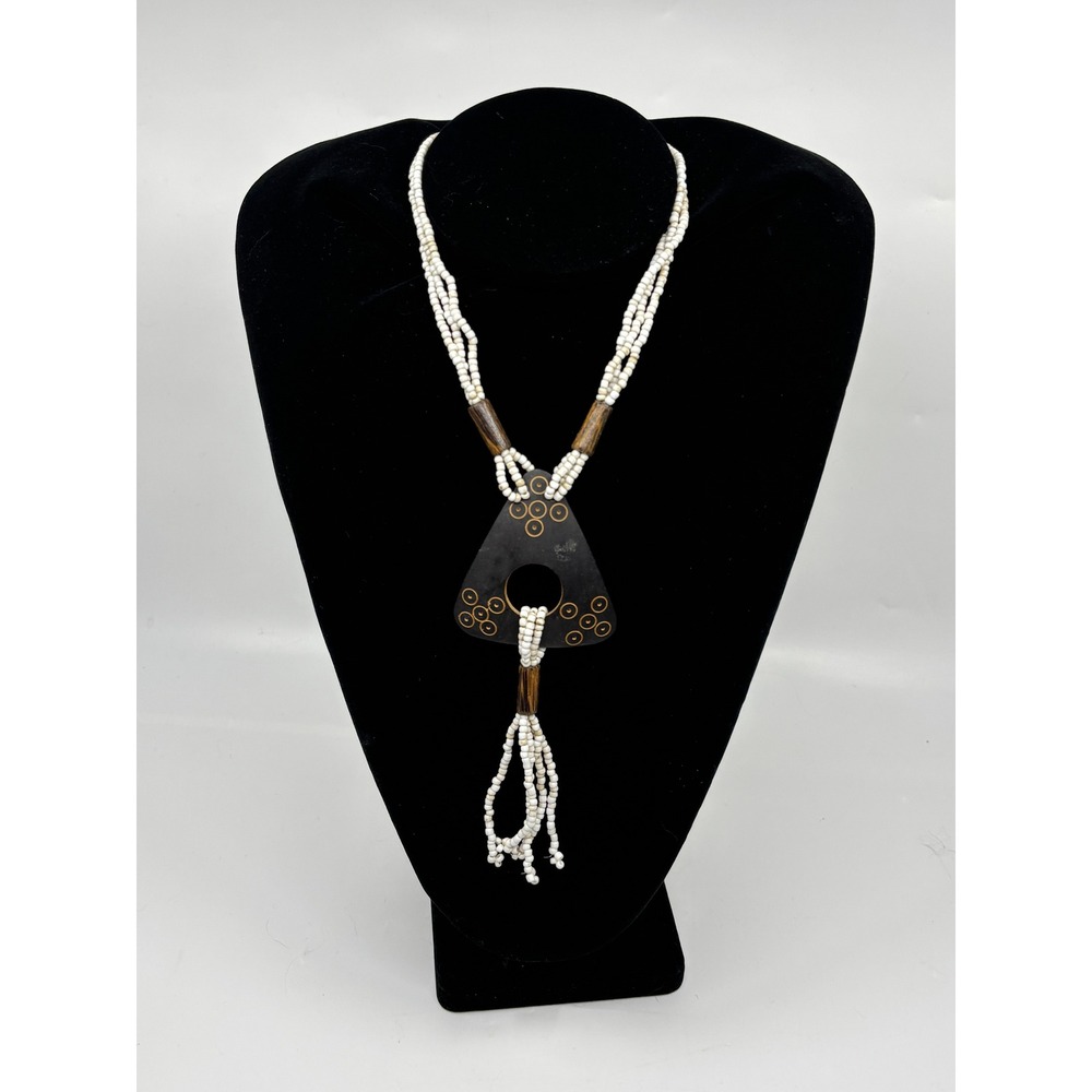 Boho Multi Strand White Seed Bead Wood Triangle Pendant Tassel Necklace